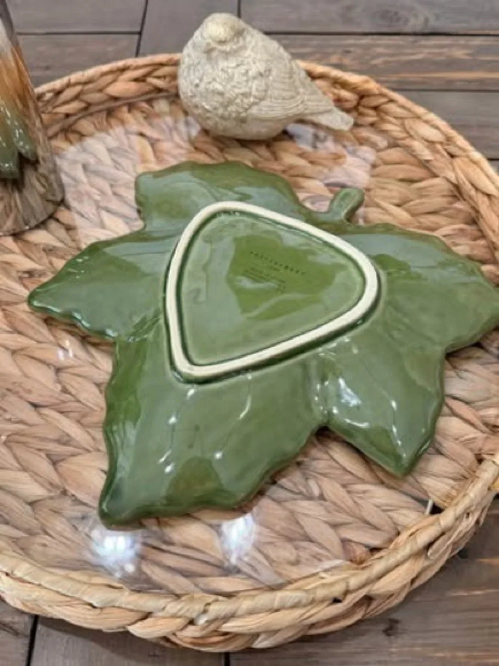 Pottery Barn Harvest Leaf Plate Green 10” Ceramic Fall Thanksgiving Serving Dish